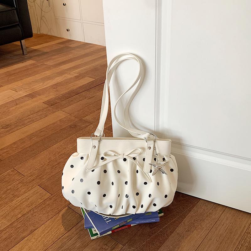 Women's Autumn 2026 Polka Dot Bow Large Pleated Cloud Bag - Simple, High-Capacity Underarm Design