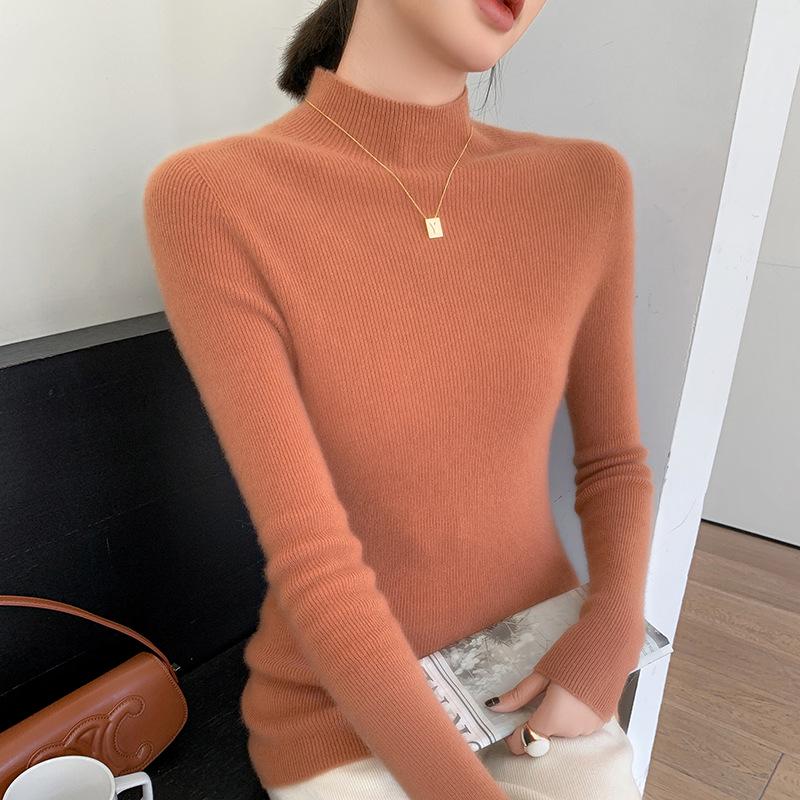Women's Seamless Cashmere Knit Slimming Sweater - Long Sleeve, Half-High Neck, Tight-Fit, Autumn/Winter Base Layer
