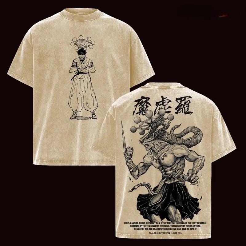 Hot Anime Jujutsu Kaisen Ryomen Sukuna Mahoraga Clothing Men Tshirts Washed Cotton Tee Retro Oversized T-shirt Harajuku T Shirt