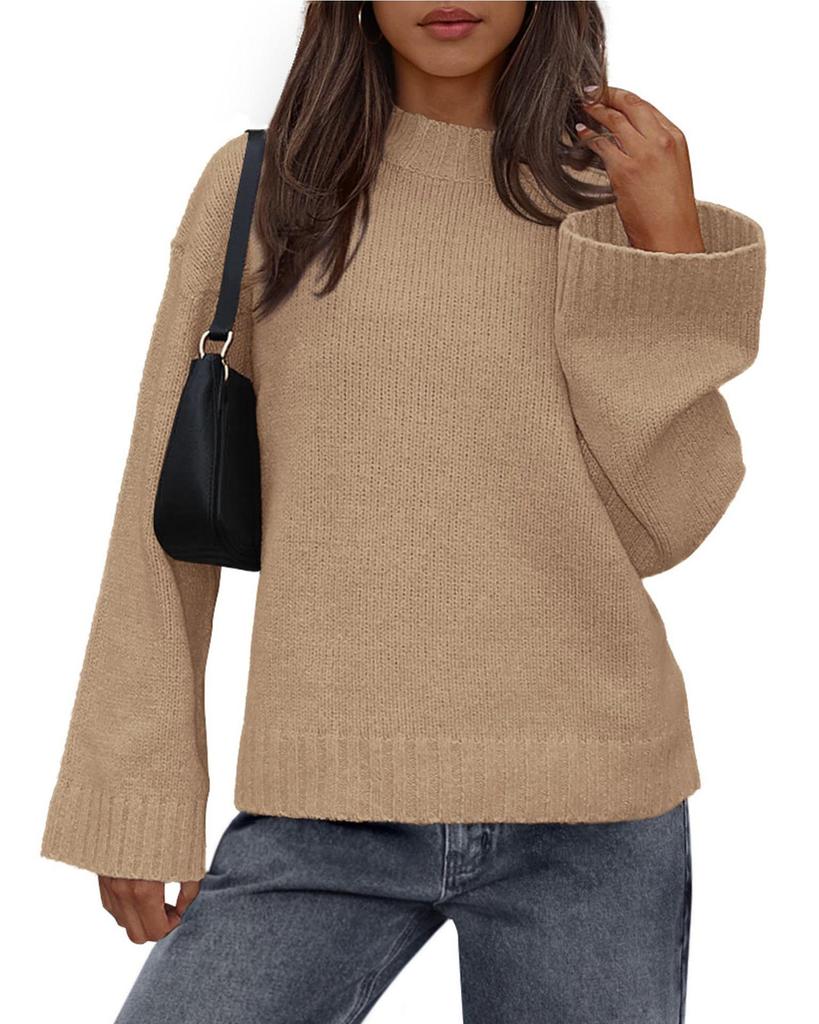 2025 Autumn/Winter Women's Casual Loose Solid Bell Sleeve Knit Sweater