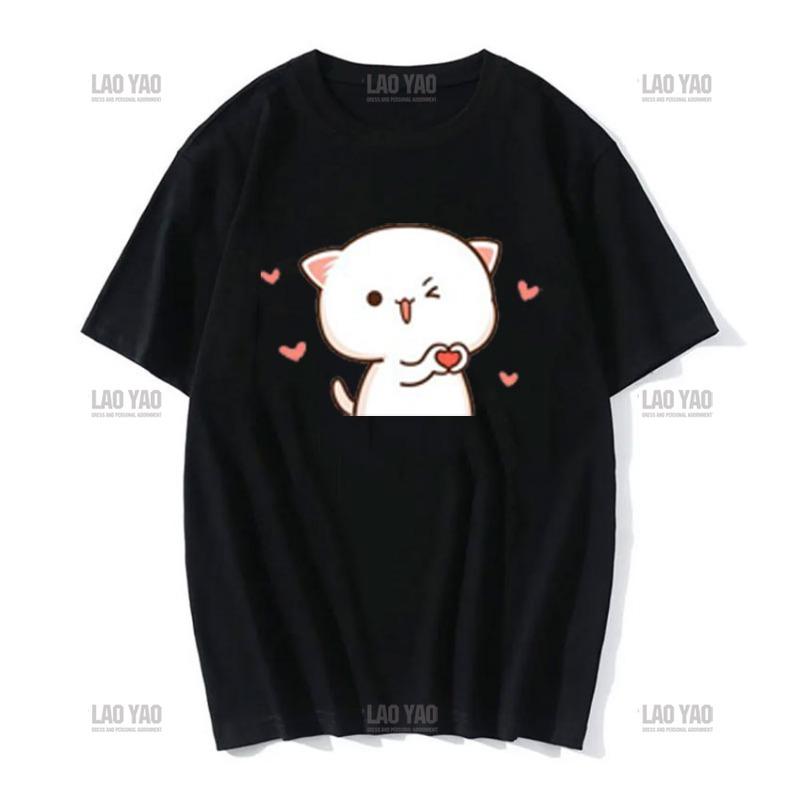 Lovely Peaches and Ash Ash T Shirt Szary Przyznaj się do błędu T-shirt Super słodki brzoskwiniowy kot kreskówka para nadruk T-shirt Unisex Unisex Topy Unisex