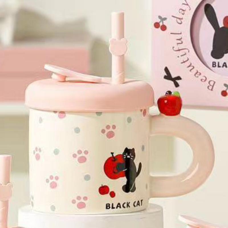 Summer Straw Cup Cute Cat Mug Water Cup with Lid Ceramic Cup Girl Couple Birthday Gift Souvenir