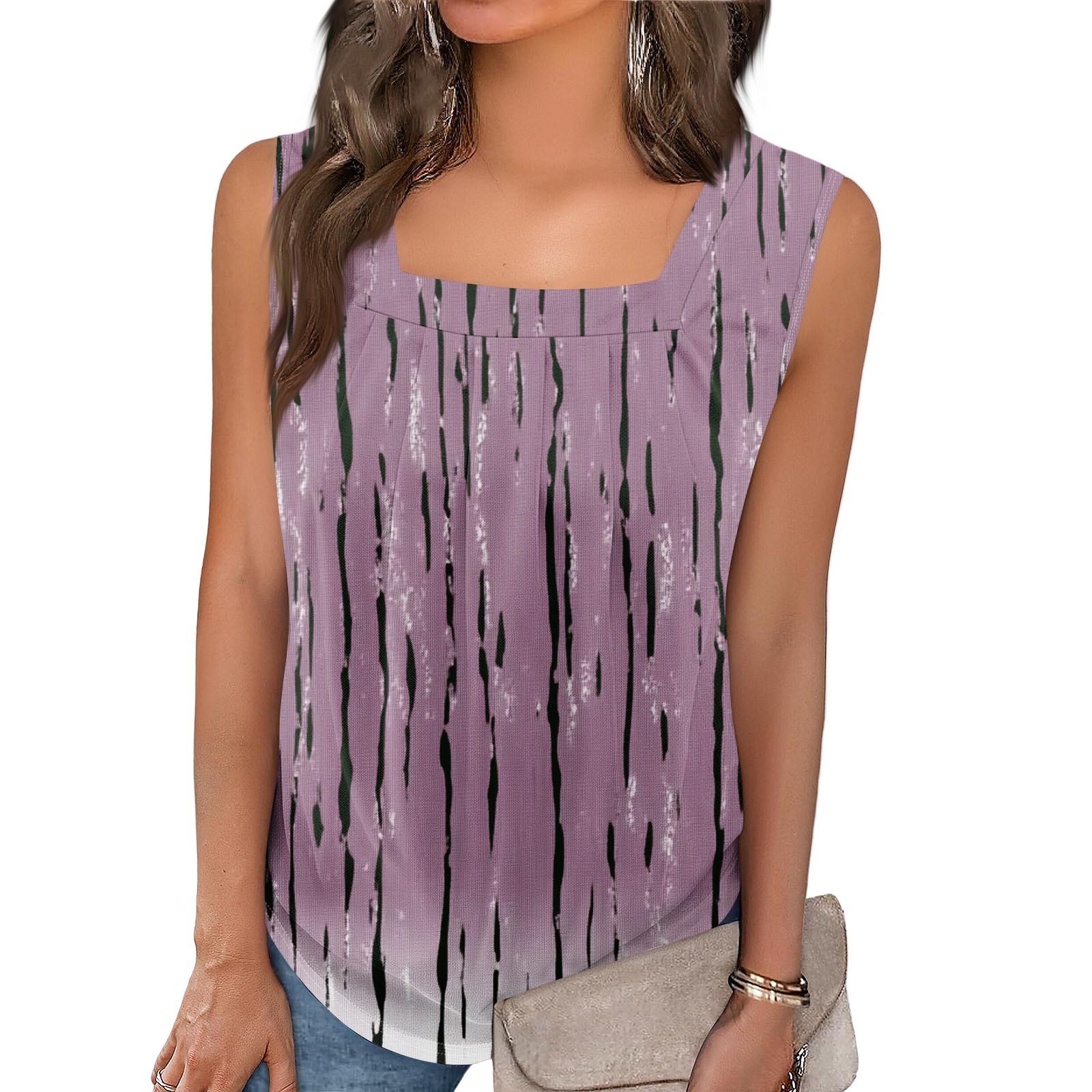 

Цветной блок с рюшами и квадратным воротником, женская майка в полоску, летняя повседневная рубашка без рукавов свободного покроя XL фиолетовый