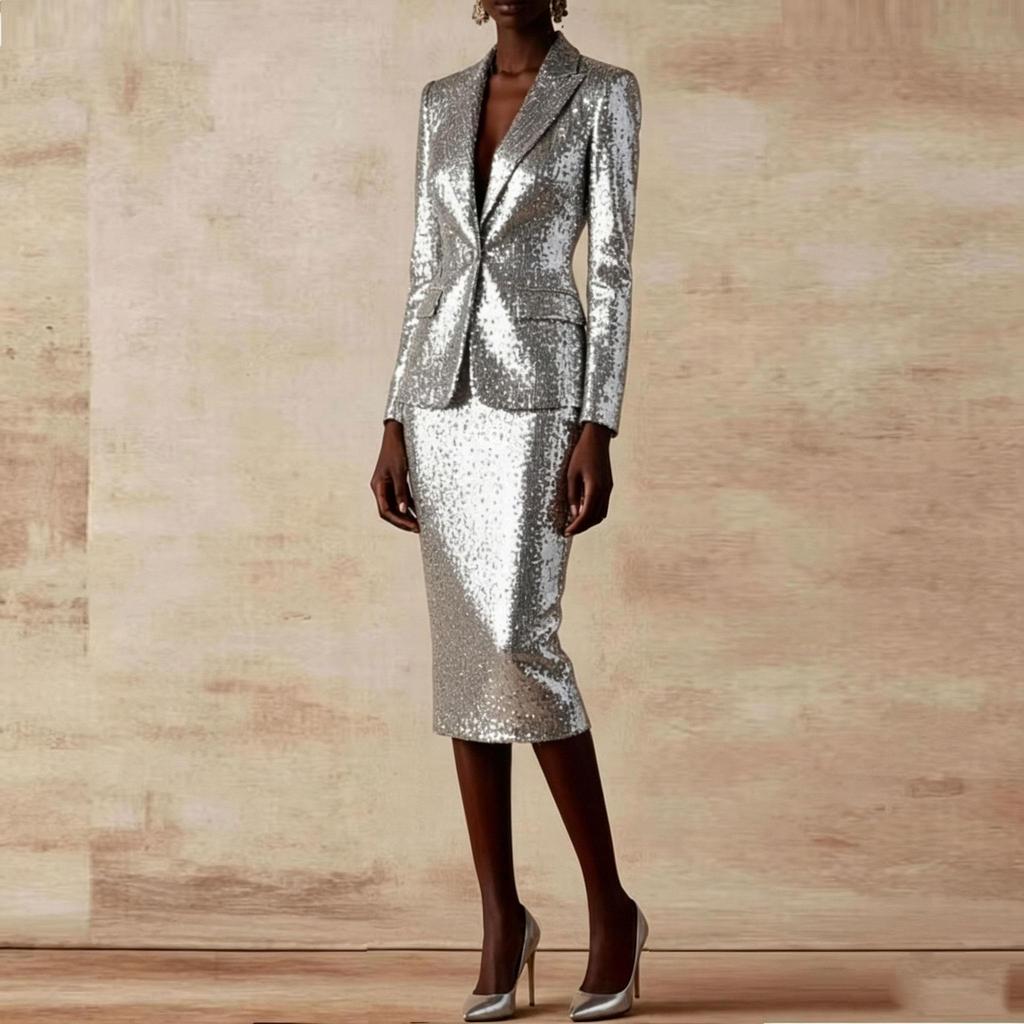 New Silver Sequin Blazer Skirt Women Suits Lady Formal Business Tuxedos Mother Wedding Party Ladies 2 Piece Set Jacket Skirt