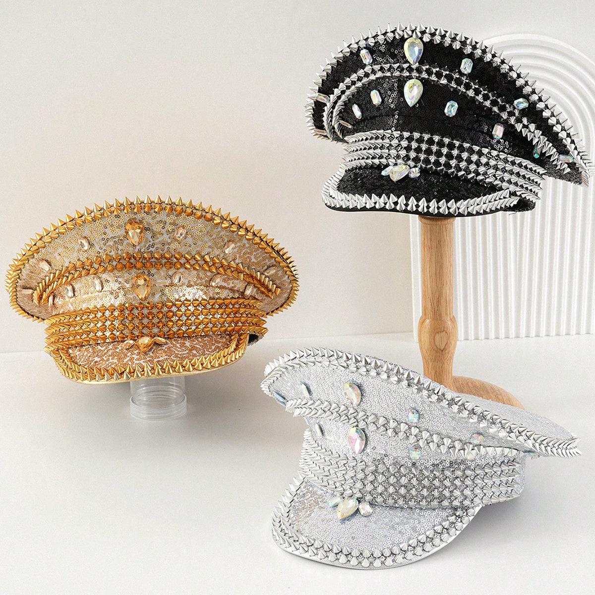 

Unisex Y2K Stage Hat with Metal Rivets & Sequins Teardrop Gem Medium (56-58cm) срібний