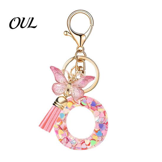 Kompaktes Schlüsselanhänger-Anhänger in Rosa-Serie, Pailletten Herz Initialen-Buchstaben-Anhänger Schlüsselkette mit tragbarem Schmetterlings-Quasten-Design, A-Z Halter für Tasche