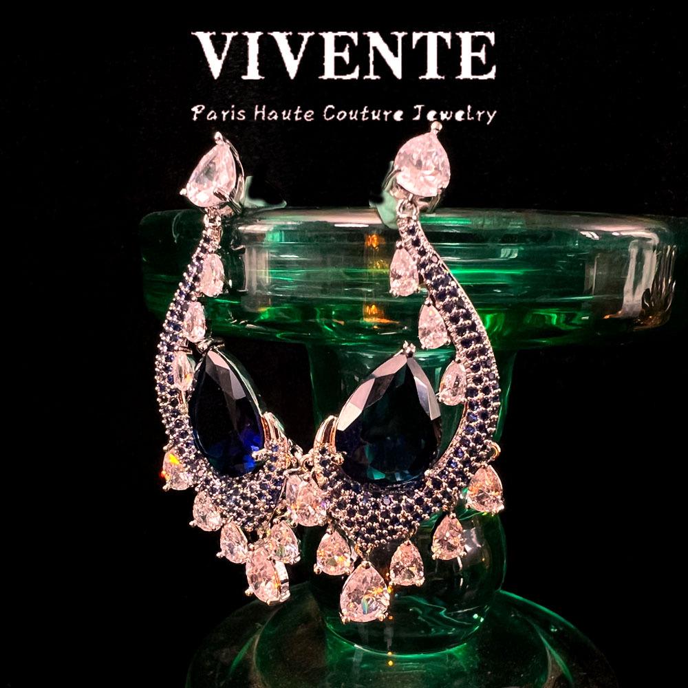 

Серьги Haute Couture с сапфирами, с позолотой из меди и цирконами - Изысканная элитная бижутерия синий