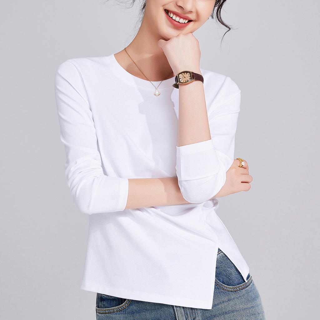 Spring and Autumn New Crew Neck Irregular Long Sleeve Women's Slim Pleated Design Niche Bottom Shirt Top