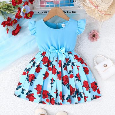 Kız Çocuk Moda Bisiklet Yaka Elbise Yaz Çocuk Tatlı ve Sevimli Gül Desenli Elbise