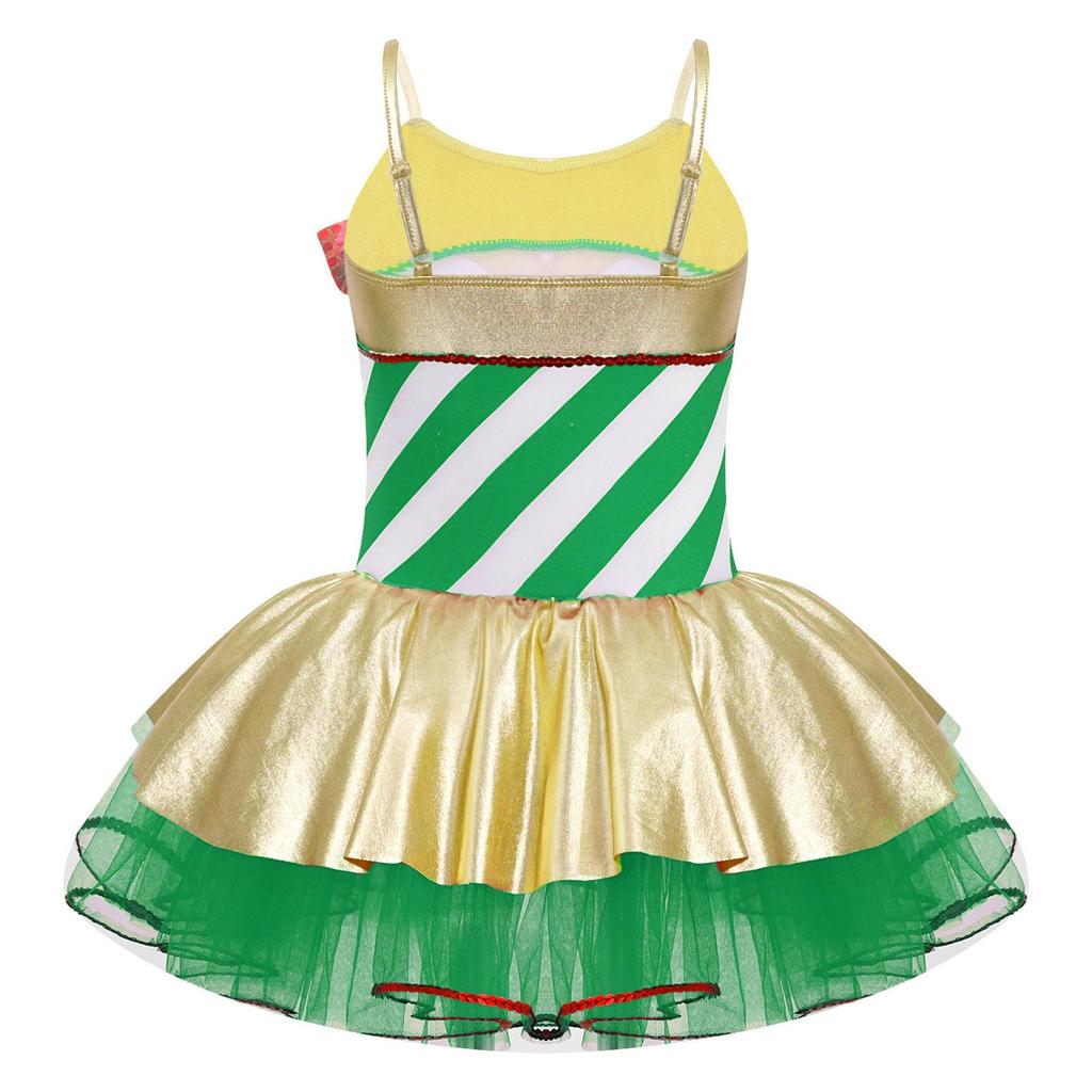 Girls Adjustable Straps Cami Dress Stripes Print Sequins Bowknot Mesh Tutu Dress Dance Jumpsuit Costume