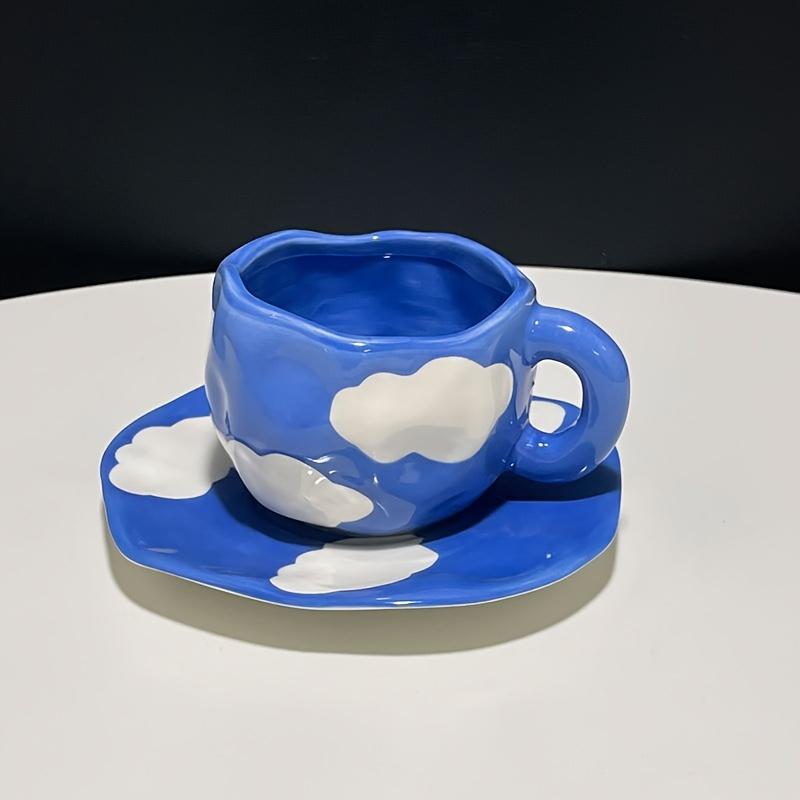 Reusable Ceramic Coffee Cup, Saucer Set with Blue Sky and White Cloud Design, Perfect for Breakfast and Afternoon Tea, Hand Wash Only