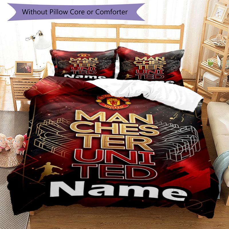 3pcs Duvet Cover Set (1*Duvet Cover + 2*Pillowcase, Without Core), Custom Name Manchester UnitedPattern Bedding Set, Home Bedroom Decor Gift
