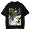 Cotton Funny Samurai Cat Riding Shark Graphic T Shirt Ocean Wave Trendy Art Print Unisex Crew Neck Short Sleeve Streetwear Tee