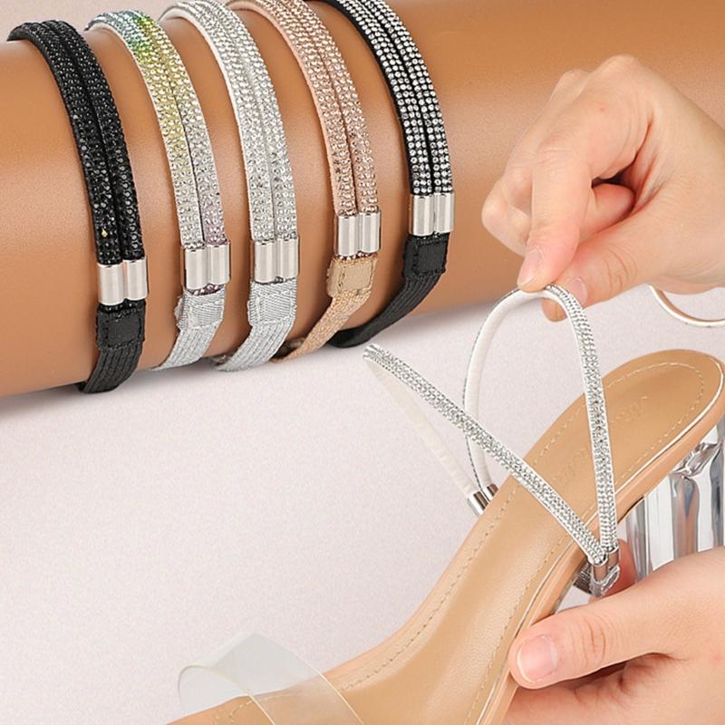 2Pcs Rhinestones High Heel Adjustable Shoe Belt for Women Antiskid Ankle Support Straps with Elastic Band Shoe Straps