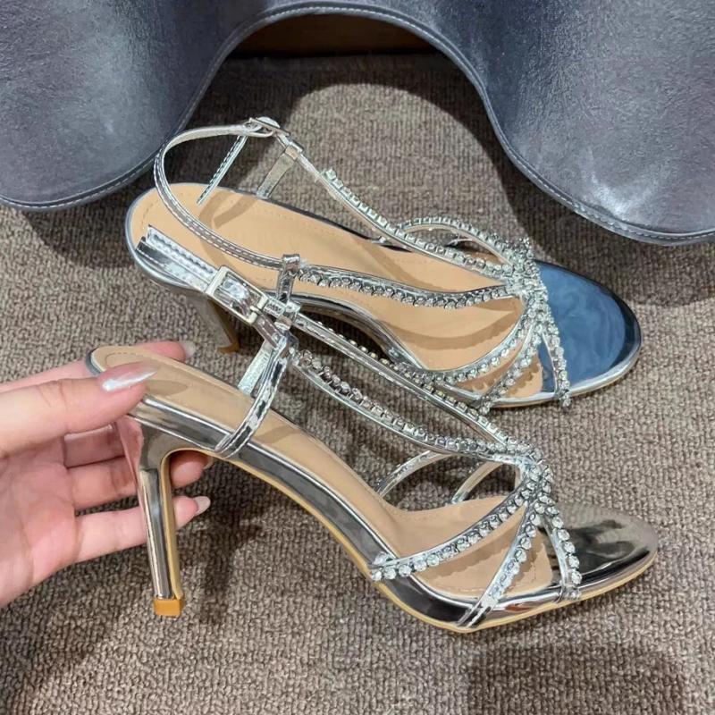 Mode Sandale Frau Neue High-Heel-Schuhe Offene Zehen Bankett Strass Silber Schöne High Heels Römische Sandalen Damenschuhe