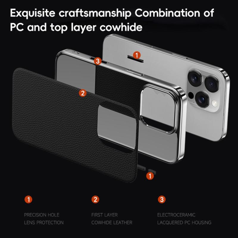 For iPhone 16 Pro Case Electroplating Genuine Cow Leather+PC Drop Resistance Phone Cover