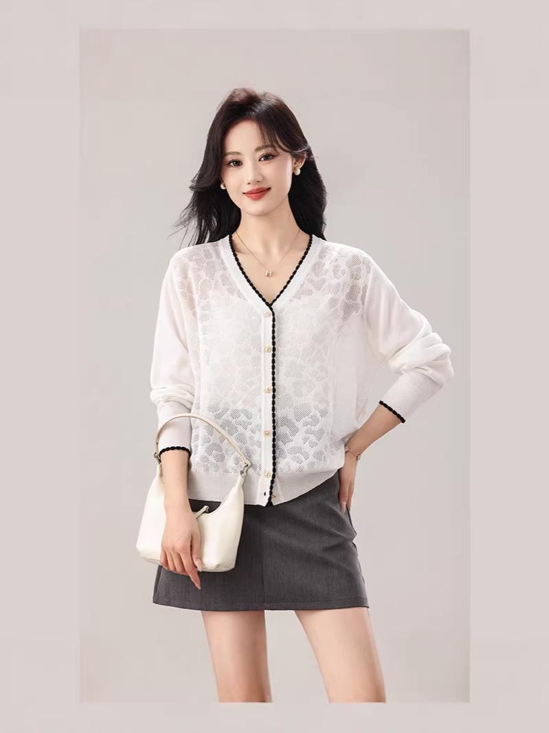 2026 Spring/Summer Women s Plus Size Korean Style Ice Silk Hollow Long Sleeve Knit Cardigan One Size