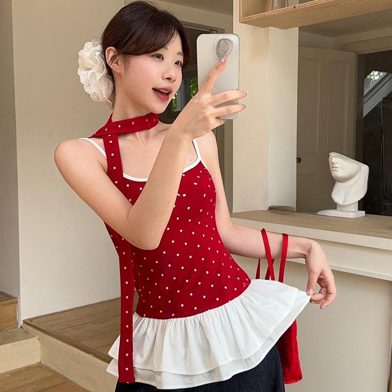 Sommer MODAL BAUMWOLLE Sexy Träger T-Shirt für Damen Ballettstil O-Ausschnitt ärmellos T-Shirt Lotusblatt Slim Elastisch Skinny rot Tops