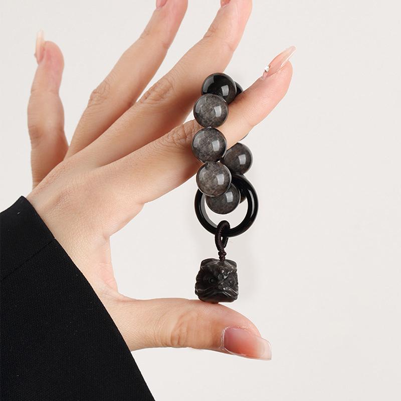 Black Awakening Lion Pendant Beaded Hand Twist Feng Shui Obsidian Bead Bracelet Men'S Women'S Wealth Good Luck Accessories