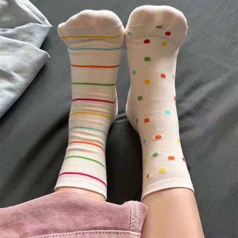 Șosete cu Dopamină, Șosete de Bumbac Colorate cu Puncte de Toamnă pentru Femei, Șosete Trendy și Drăguțe cu Dungi, Mid-calf de Student cu Desene Animate