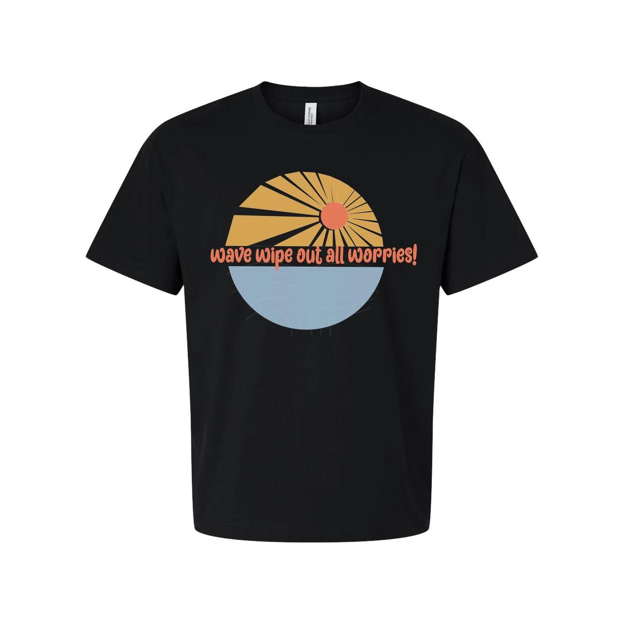 Unisex Surfing Graphic Tee With Sunrise Wave Design And Wipe Out All Worries Pri S