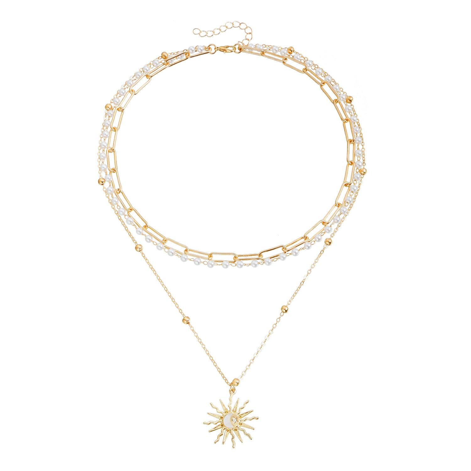 Sunflower necklace retro multi-layer pearl chain versatile niche elegant temperament necklace золотой