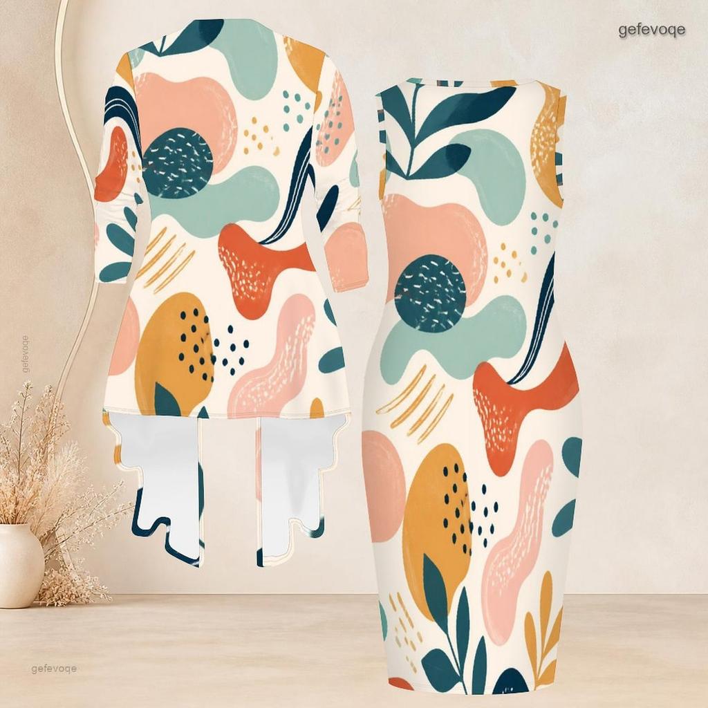 Women Plus Size Two Piece Set Abstract Printed Sleeveless Bodycon Dress And Three Quarter Sleeve Cardigan