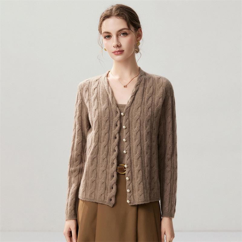 Lekasha Cashmere V-Neck Pearl Button Cable Knit Sweater Coat for Autumn and Winter