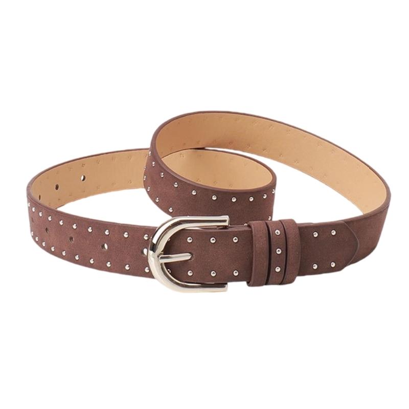 Unisex Solid Color Jeans Belt Studded Accents Adjustable PU Leather Fashion Accessory With Metal Buckles