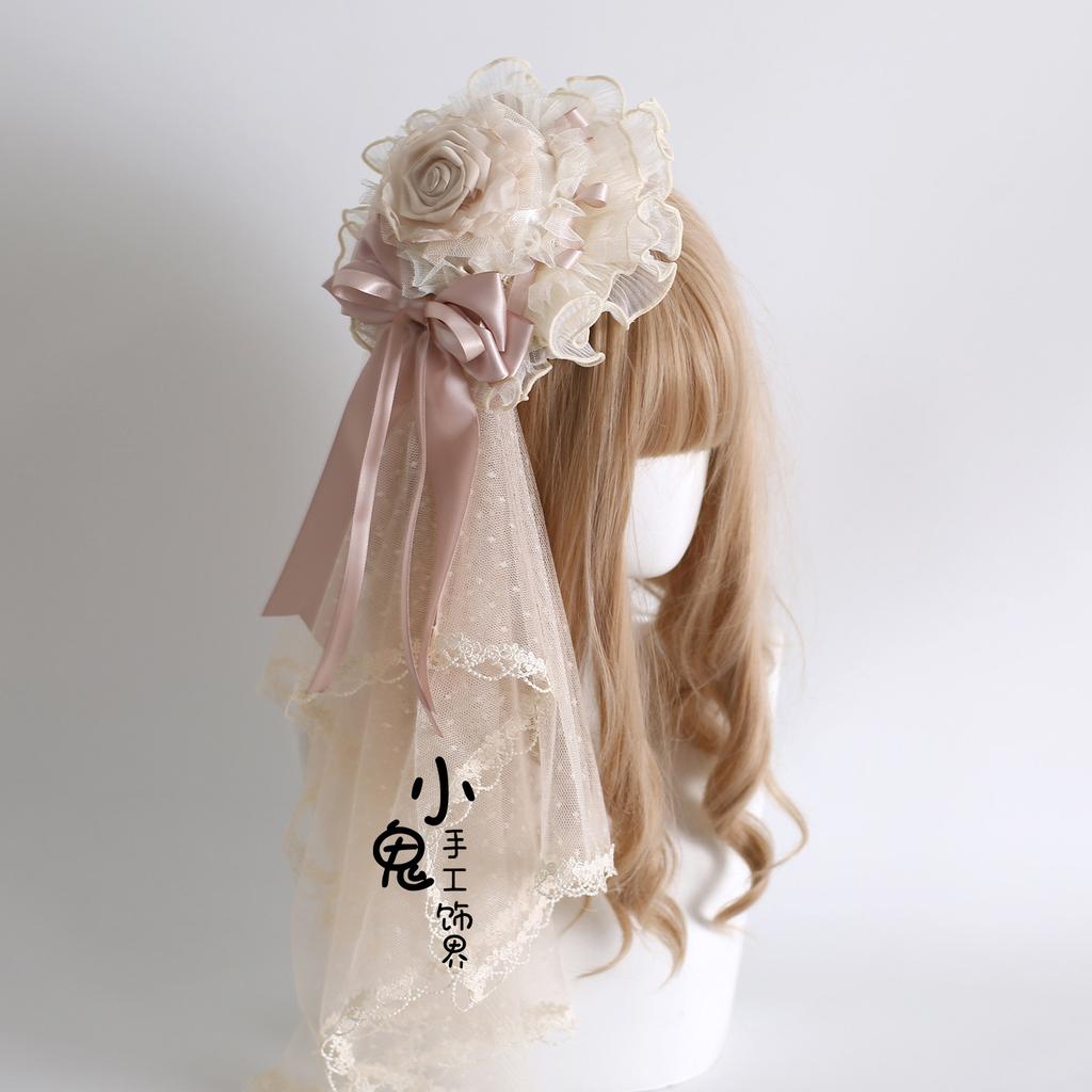 Original Handmade Lolita Hair Accessories Hairpin Flower Ball Bow Lace Champagne Headband Veil
