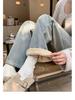 Women's High-Waist Yellow Mud Wide-Leg Jeans - Retro, Warm, Plus Velvet, Loose Fit for Autumn/Winter