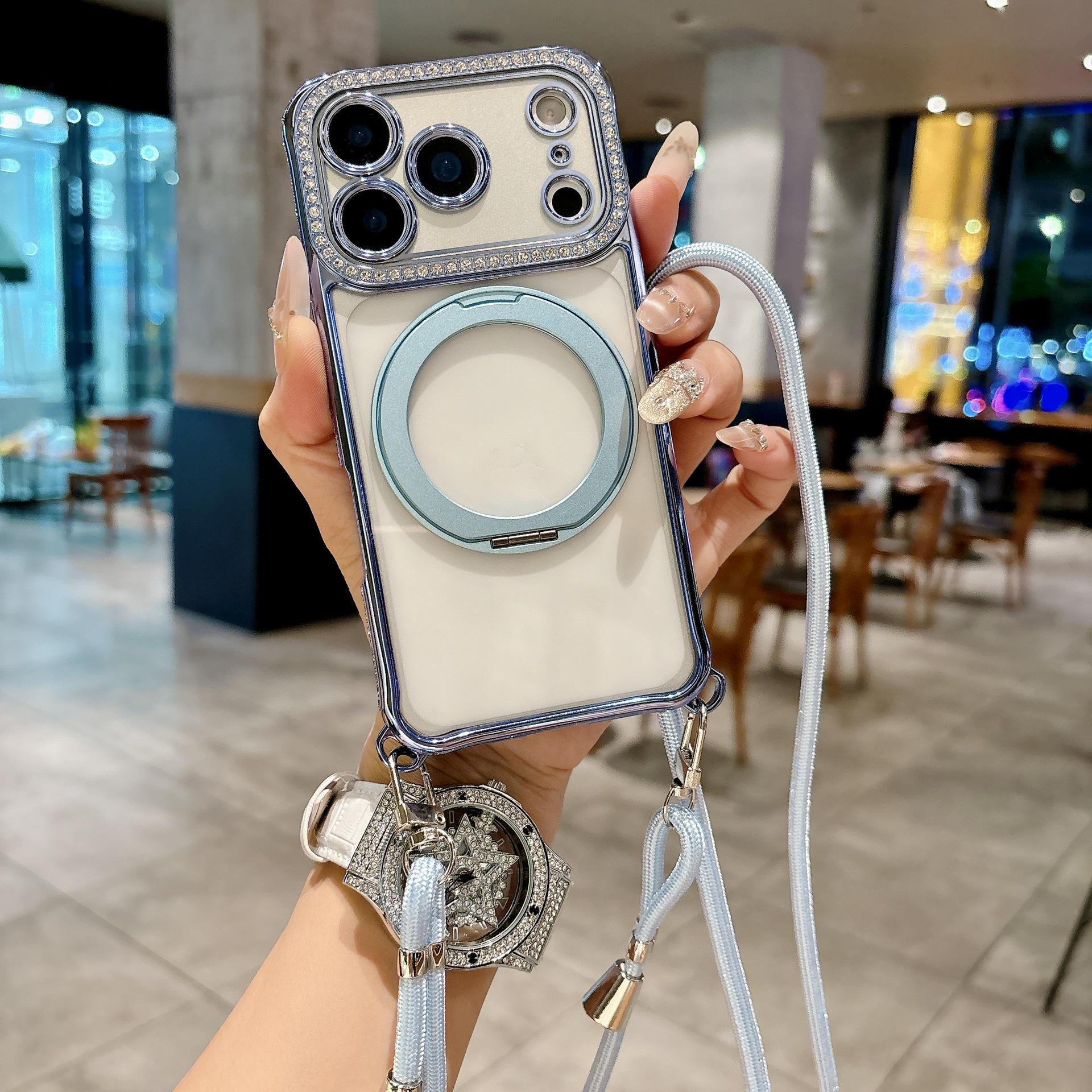 

Magnetic Lanyard Phone Case with Rotating Stand & Rhinestones for Apple 17PROMAX iPhone 16 Pro Max
