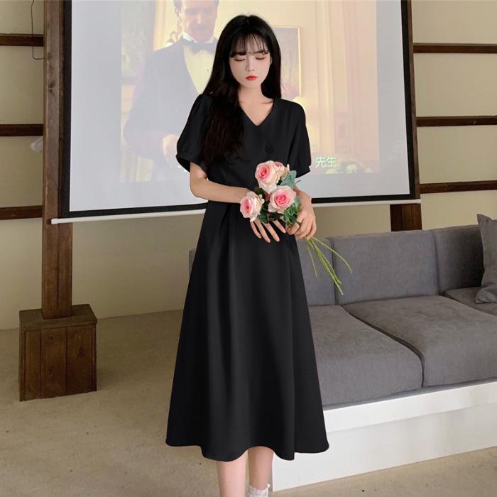 Large size chic design bubble sleeve dress gentle wind summer skirt fat mm belly and thin French dress