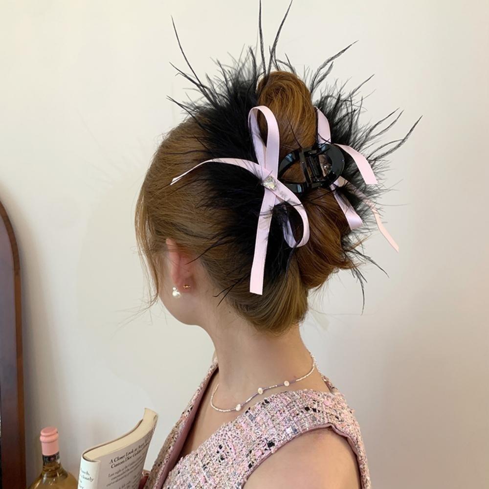 Super fairy temperament bow feather grab clip large fluffy hairpin 2025 new simple hair accessories