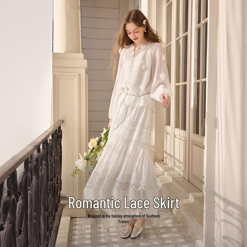 Elegant White Lace High-Waist Tiered Midi Skirt