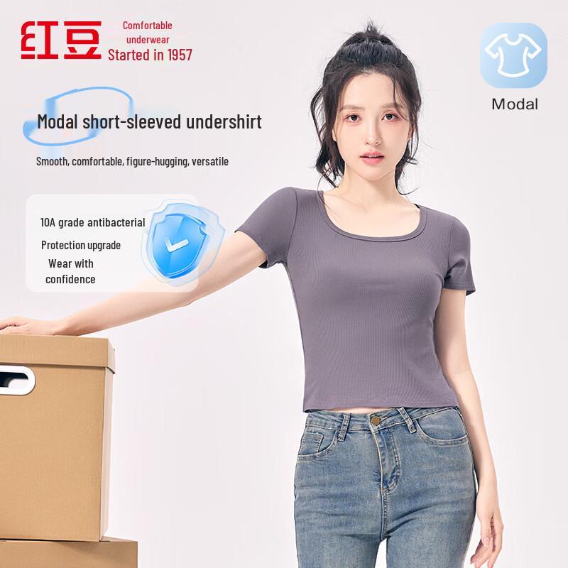 Hongdou Women s 10A Antibacterial Modal Ribbed Slim-Fit Short Sleeve T-Shirt L