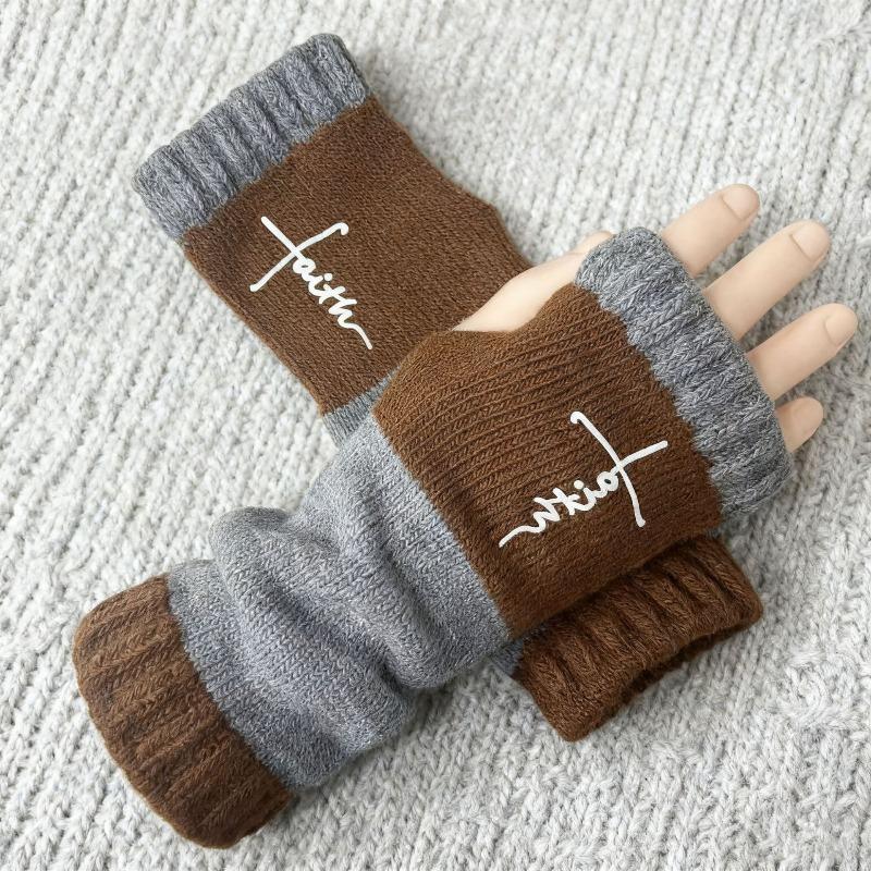 Gants en tricot sans doigts avec broderie de chat et patchwork, Gants décontractés ouverts aux doigts tendance pour femme, Mitaines chaudes d'hiver sans doigts