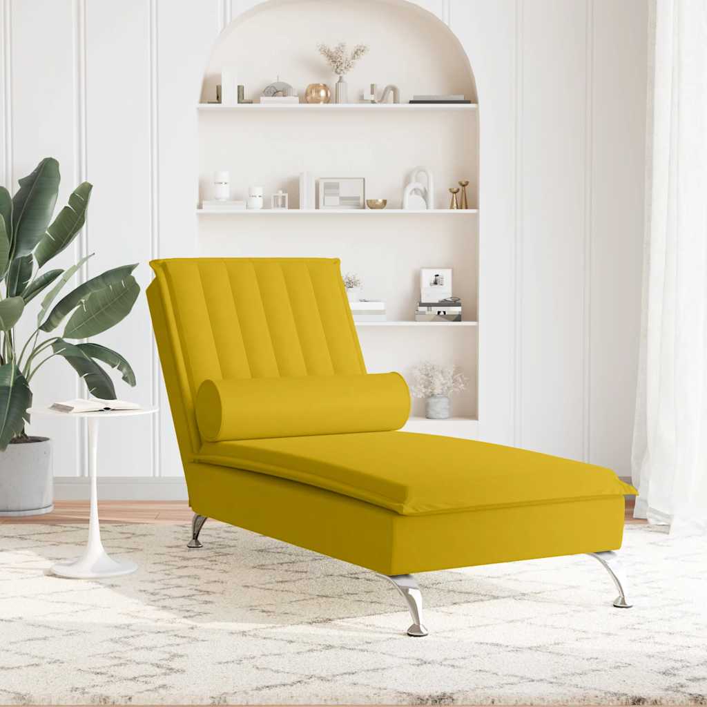 Massage Chaise Longue with Neck Roll Yellow Velvet