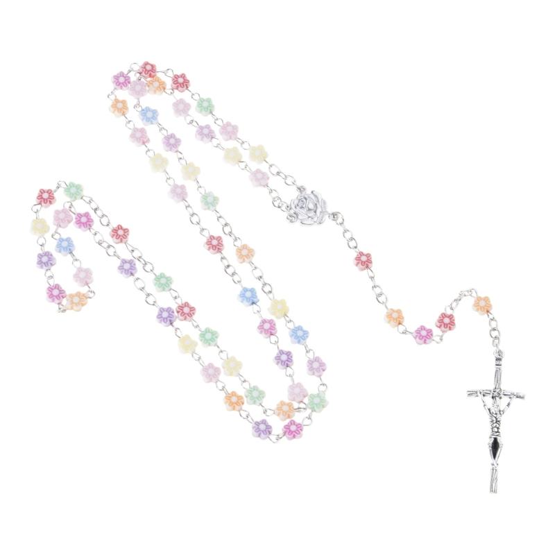 Rosary Crystal Bead Necklace Catholic Rosary Bead with Metal Crucifix Religious Jewelry for Women Flower Beaded Necklace
