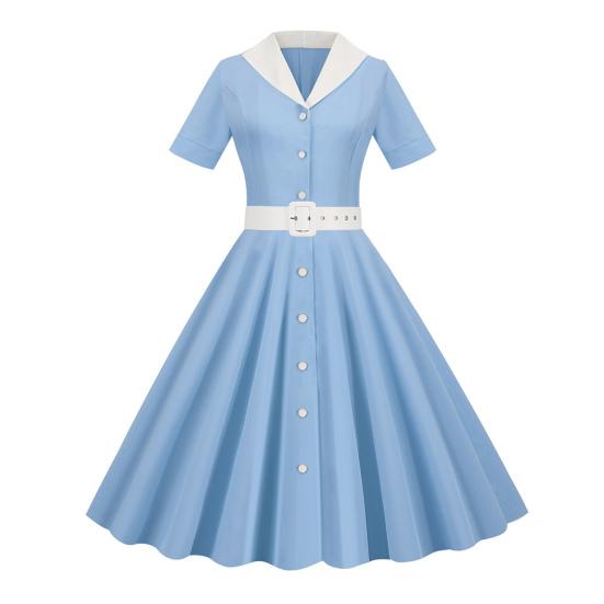 Dámské šaty, výstřih, klopa, jednořadý, s páskem, linie A, velký švih, úzký, vysoký pas, jednobarevné retro, krátký rukáv, princeznovské šaty ve stylu lady midi