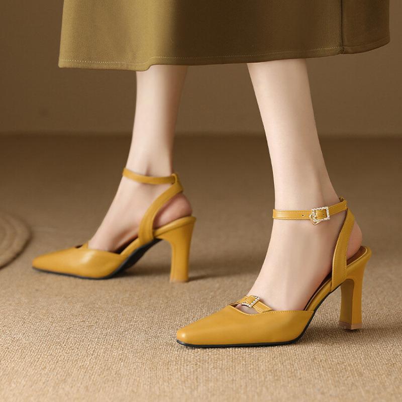 New rubber soft-soled buckle high-heeled sandals summer women's bag head sandals pointed casual solid color rear empty sandals