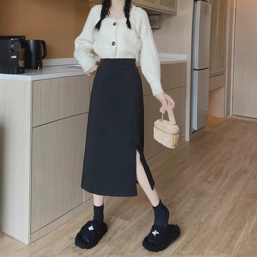 High Waist A-Line Women's Midi Skirt with Slit - 2024 Spring Korean Fashion