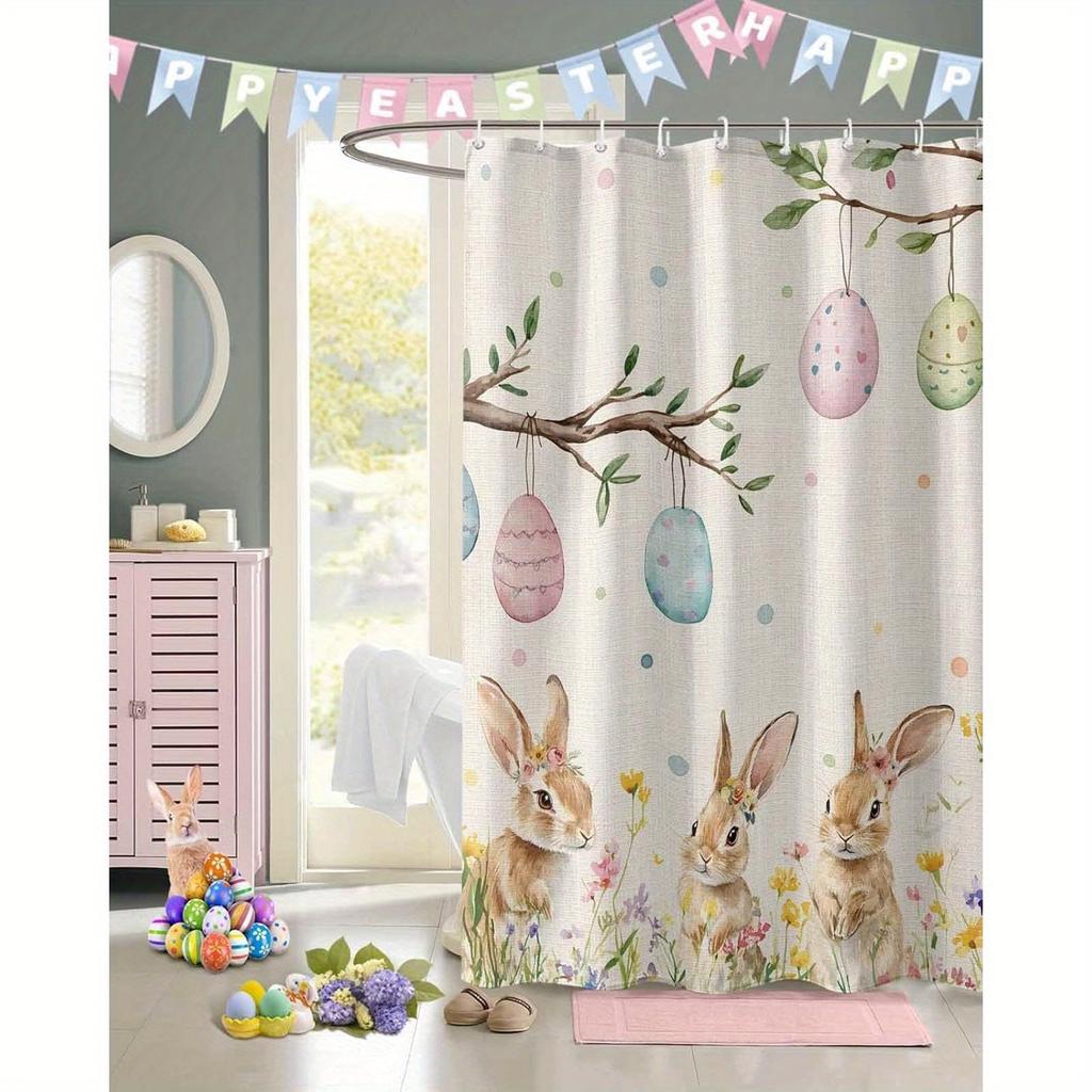 Easter Egg Rabbits Shower Curtain - Spring Flowers & Bunny Design, Funny Bathroom Decor,Polyester Fabric, Bath Curtain Set