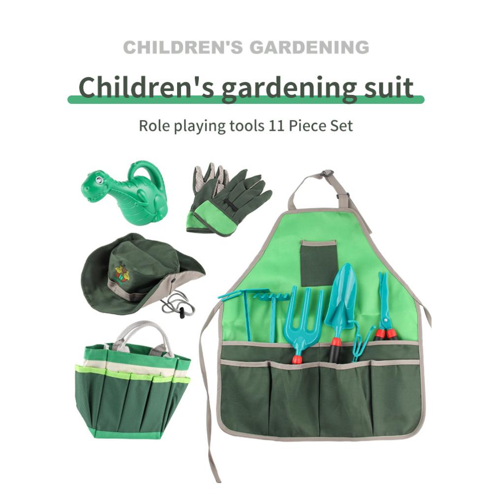11Pcs Kids Gardening Tools Set Includes Tote Bag Spade Rake Fork Apron Gloves Watering Can Outdoor