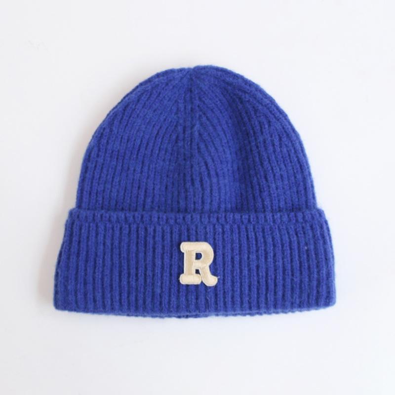Wool hat women's autumn and winter new letter R standard knitted hat flanged ear protection warm Internet celebrity cold hat tide