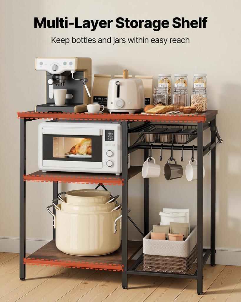Estantería de Cocina para Panaderos, Estantería para Panaderos de 900 mm de Ancho, Soporte de Cocina con Barra de Soporte en Forma de X, 5 Ganchos en Forma de S, Estante de Almacenamiento Multicapa, Soporte para Barra de Café