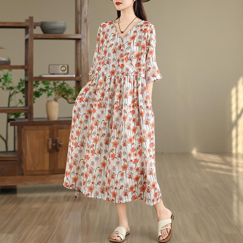 2026 Retro-Blumenmuster Sommerkleid - Elegantes langes Damenkleid