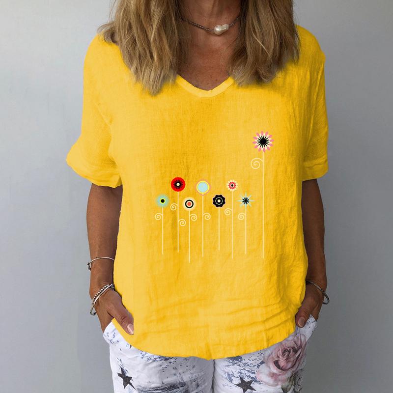 

Весна Лето Цветочные Печатные Блузки Рубашки Женские Элегантные Повседневные Рубашки Повседневные Свободные Топы С Коротким Рукавом и V-образным Вырезом M жёлтый