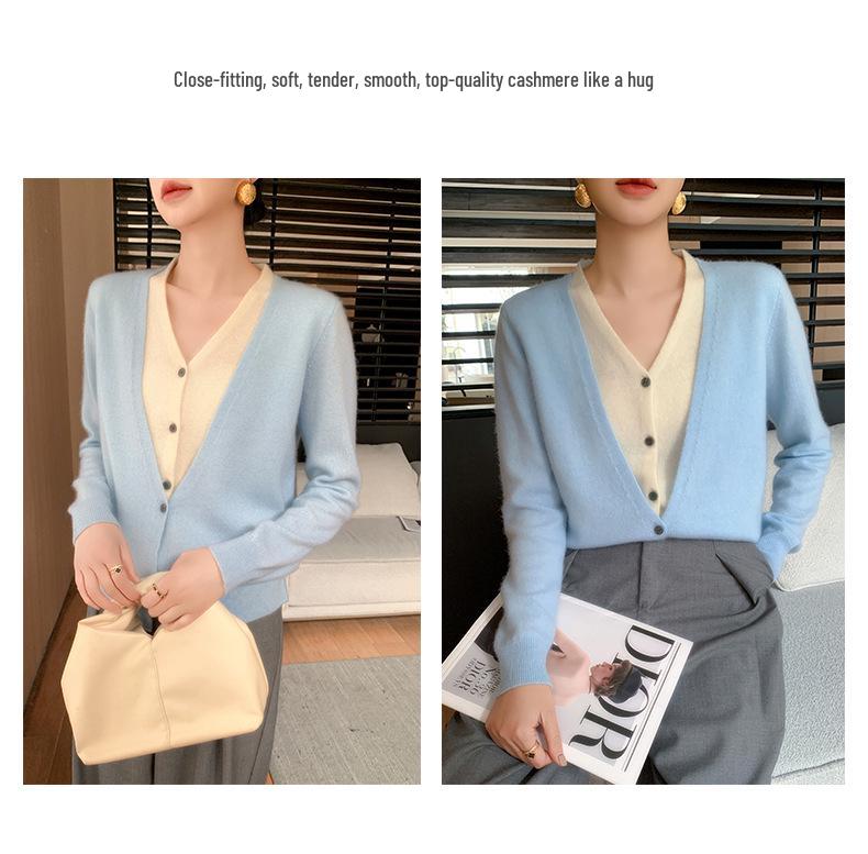 2025 V-neck Button-up Cashmere Knit Cardigan - Korean Style, Loose Fit, Slimming, Fake Two-piece Jacket for Women