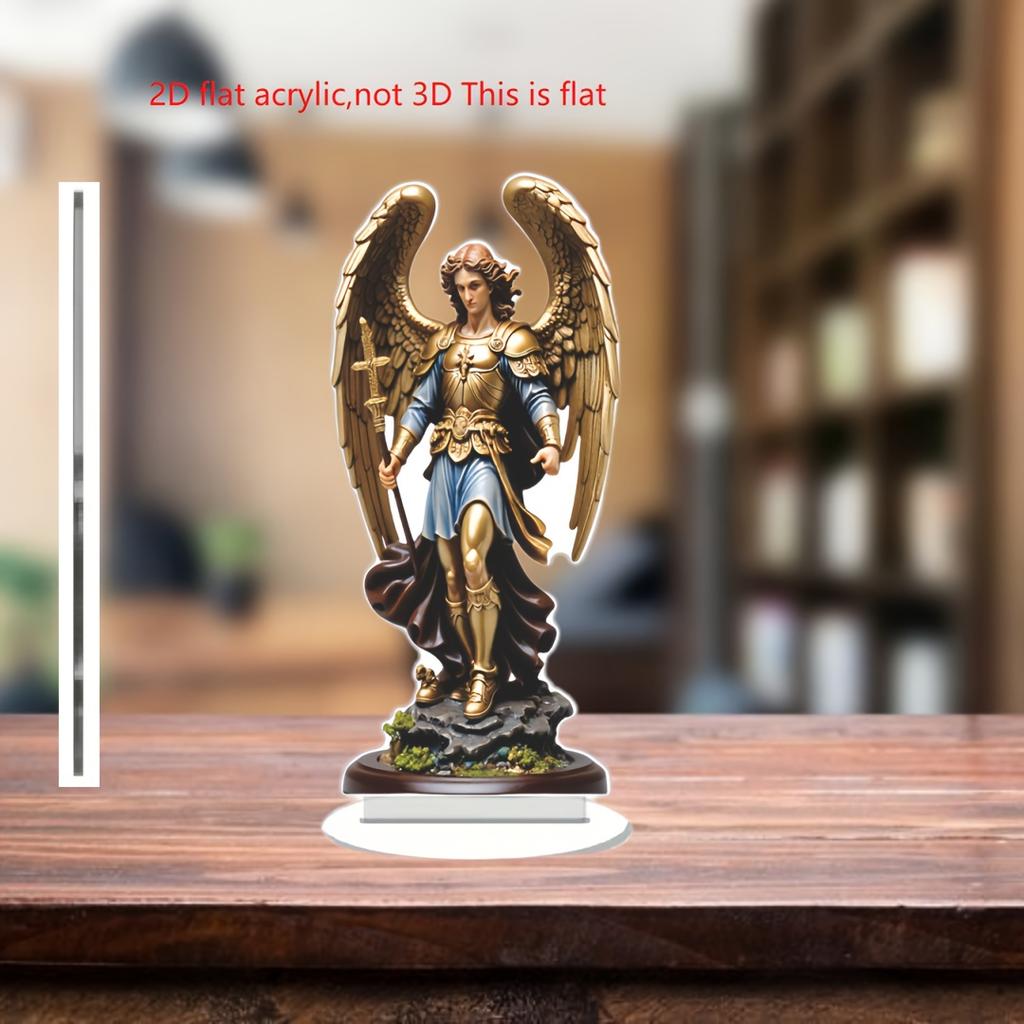 Statuetă Acrilică Retro 2D Arhanghelul Mihail - Înger Păzitor Aripat Auriu Ținând Sabie Decor Religios pentru Casă Birou Crăciun